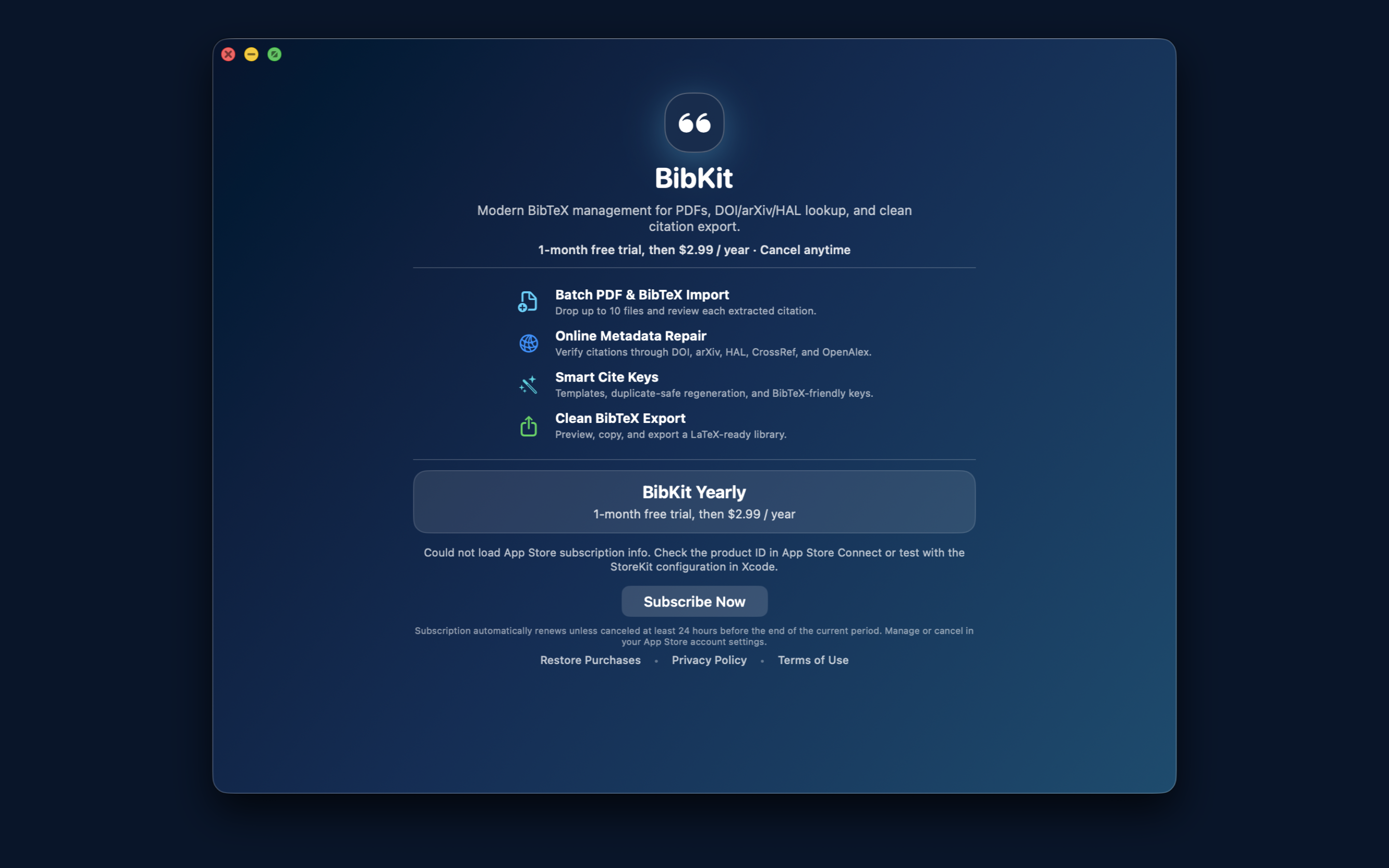 BibKit subscription screen screenshot