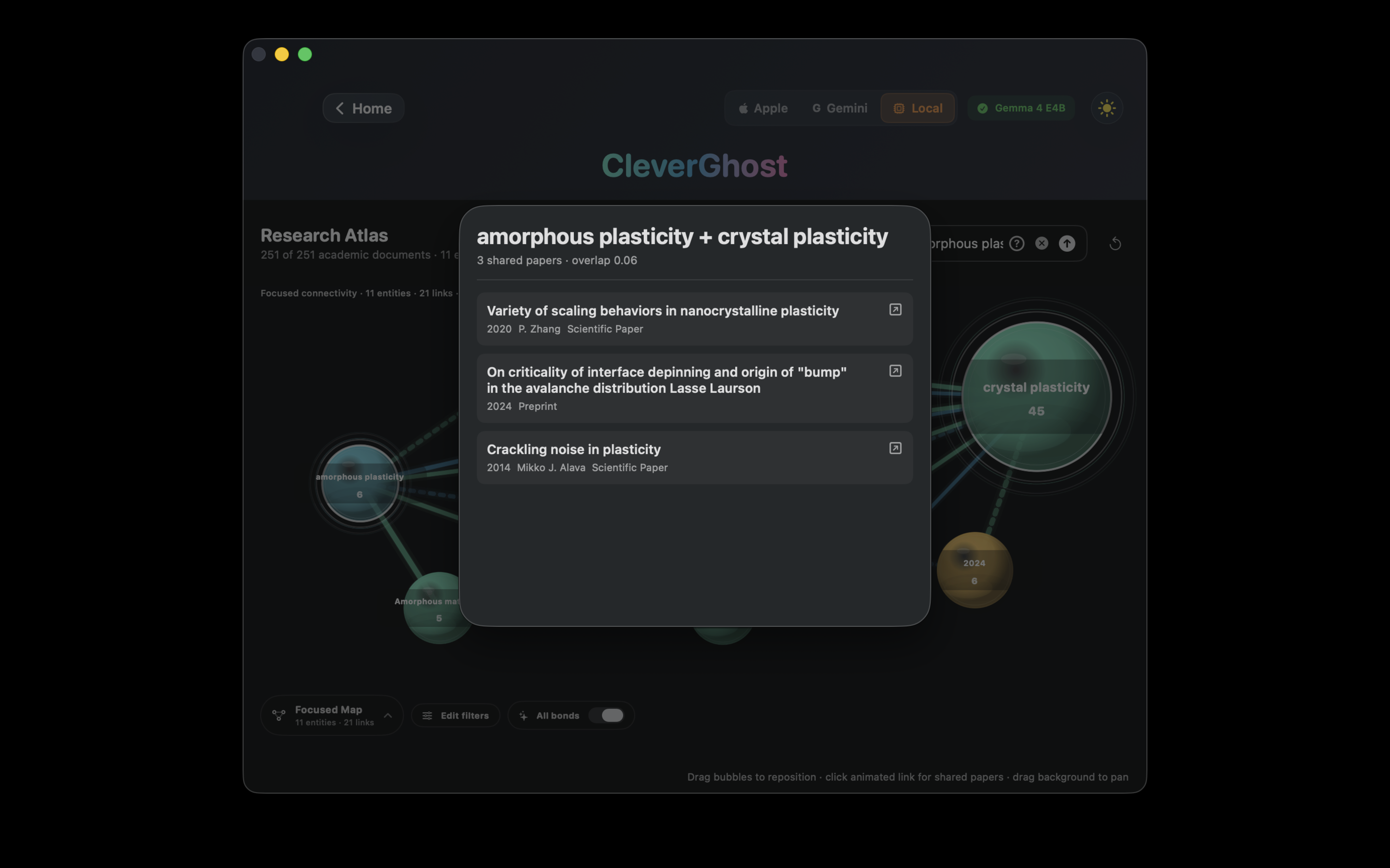 Research Atlas — shared papers popup between topic clusters