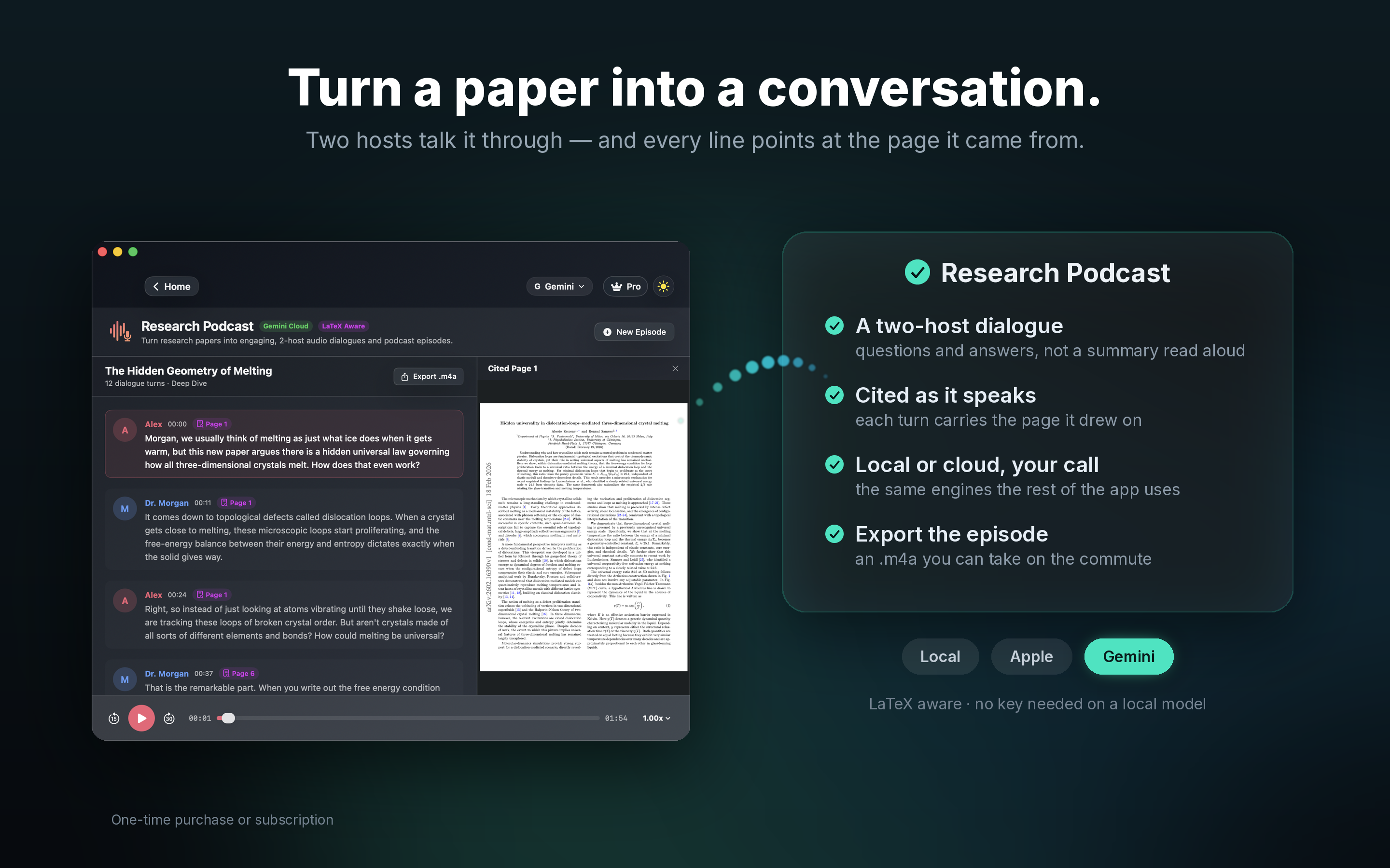 CleverGhost Research Podcast creation workspace with source papers, episode options, and AI controls