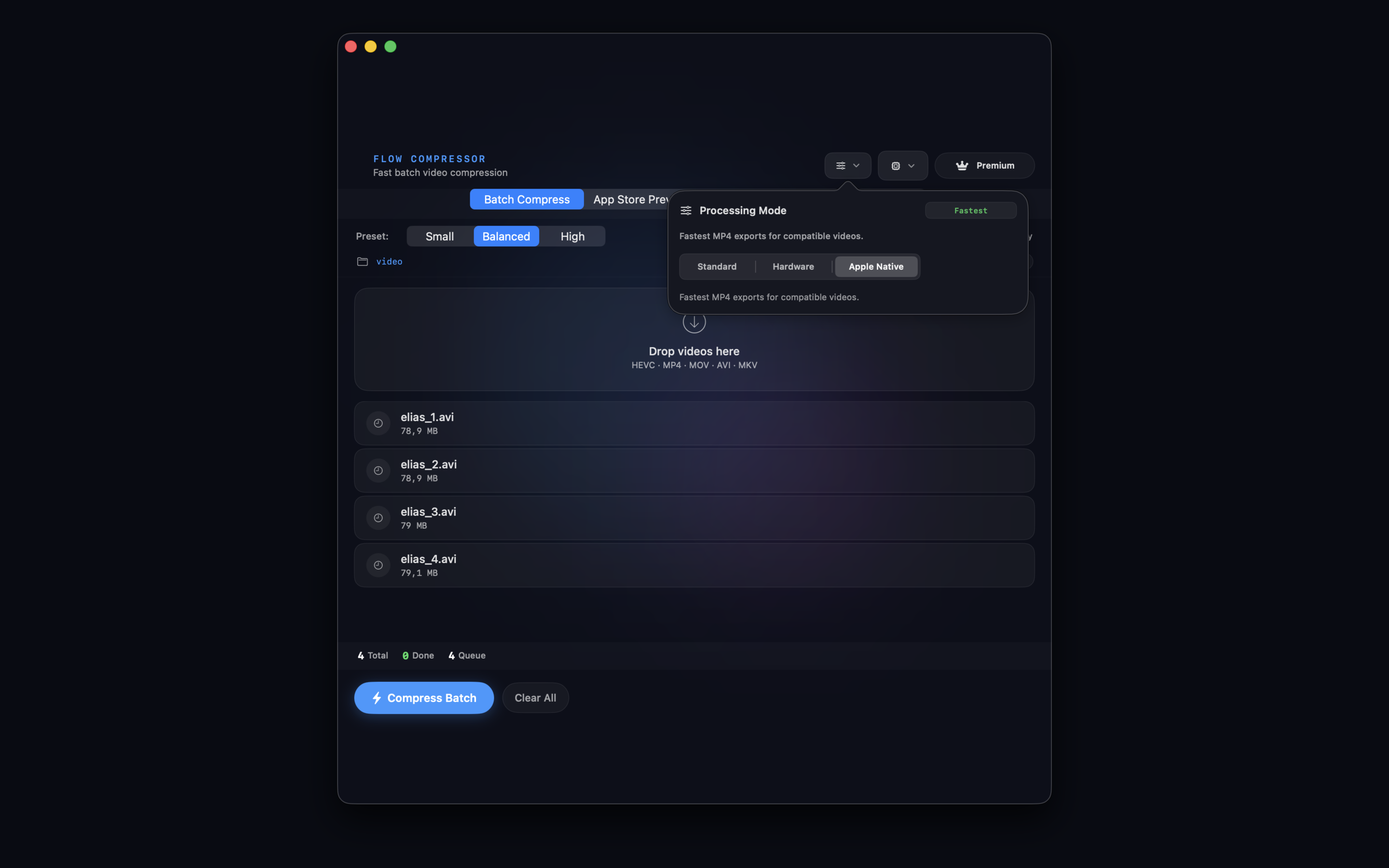 FlowCompressor processing mode menu with Apple Native compression selected