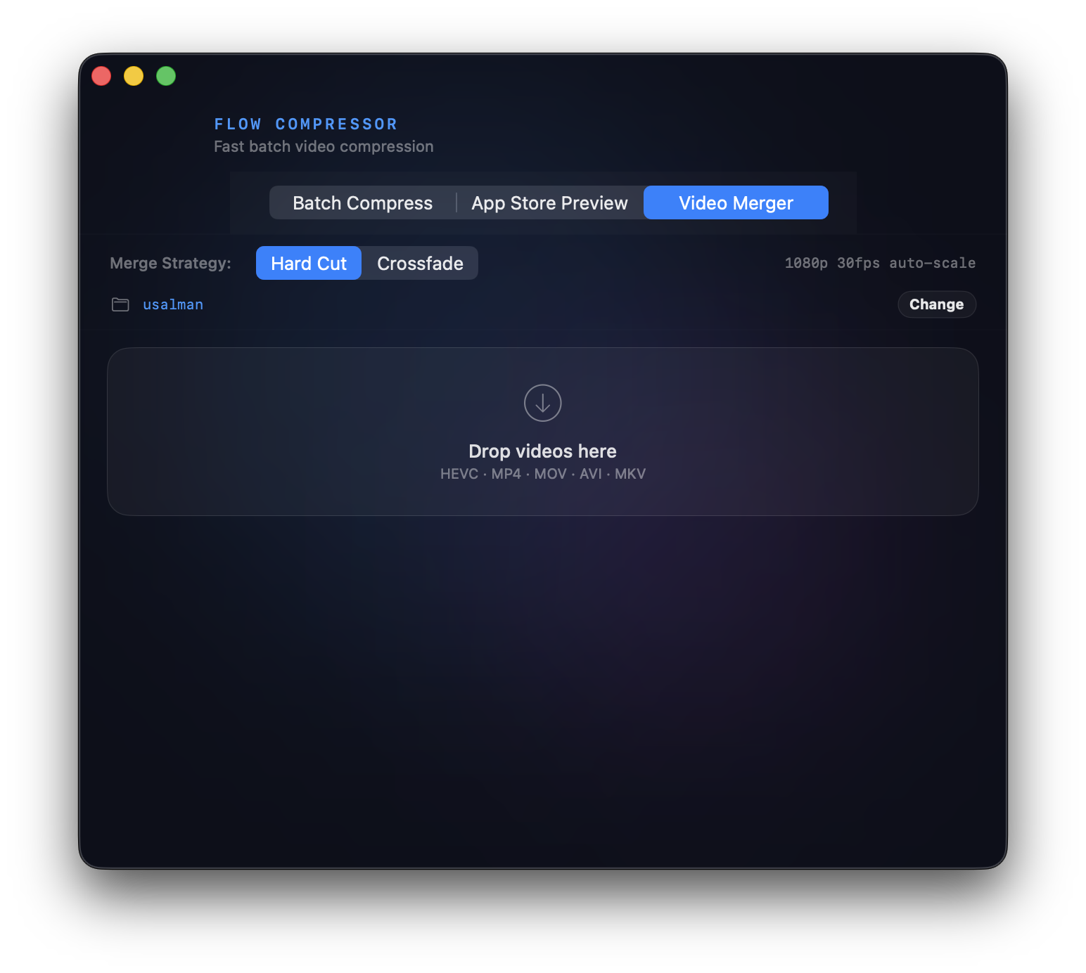 Video Merger — combine clips with Hard Cut or Crossfade