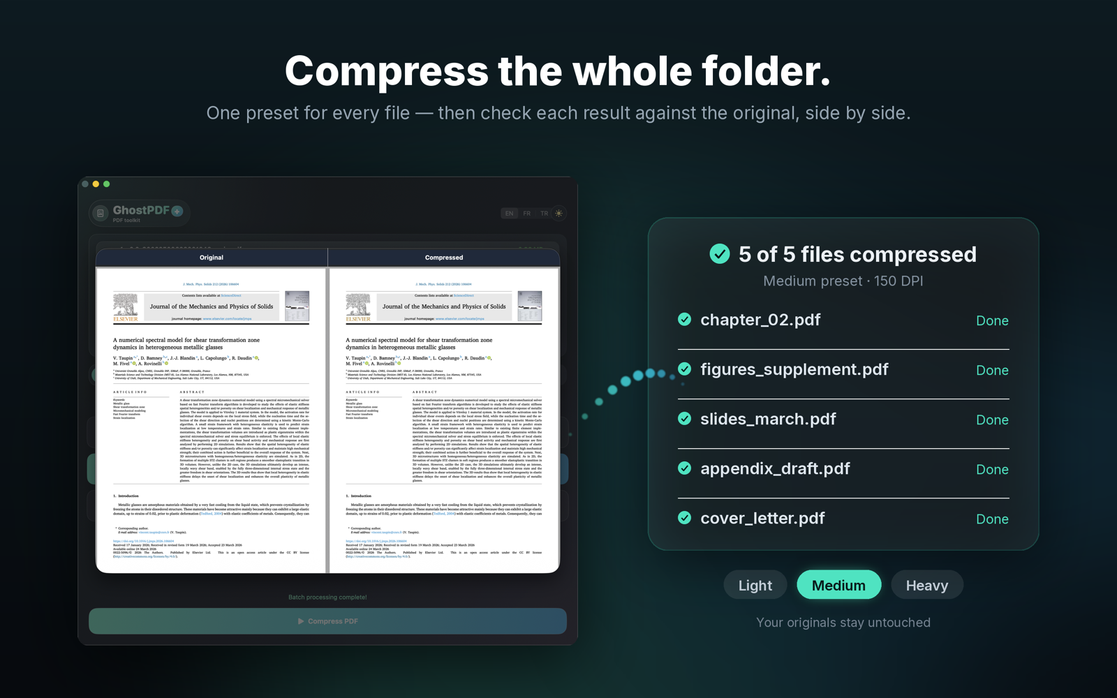 Batch-compress a folder and compare original and compressed PDFs side by side in GhostPDF