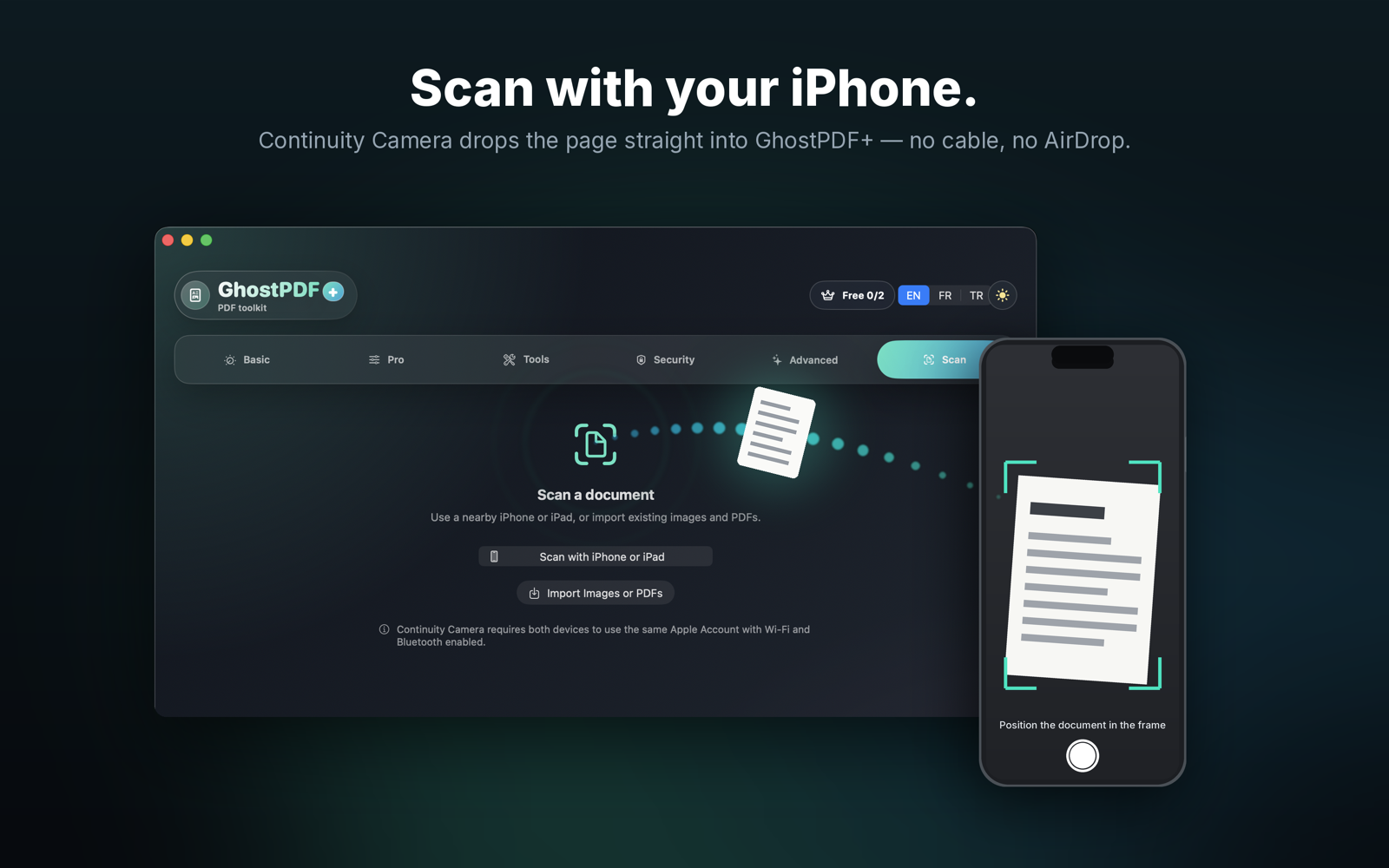 Scan a document into GhostPDF using Continuity Camera on a nearby iPhone or iPad