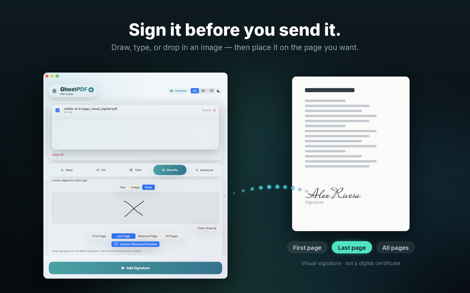 Add a drawn, typed, or image signature to a PDF in GhostPDF