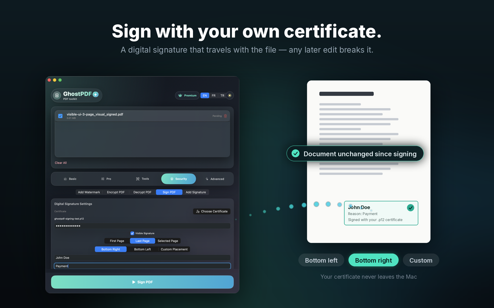Sign a PDF in GhostPDF with a local certificate and visible signature placement