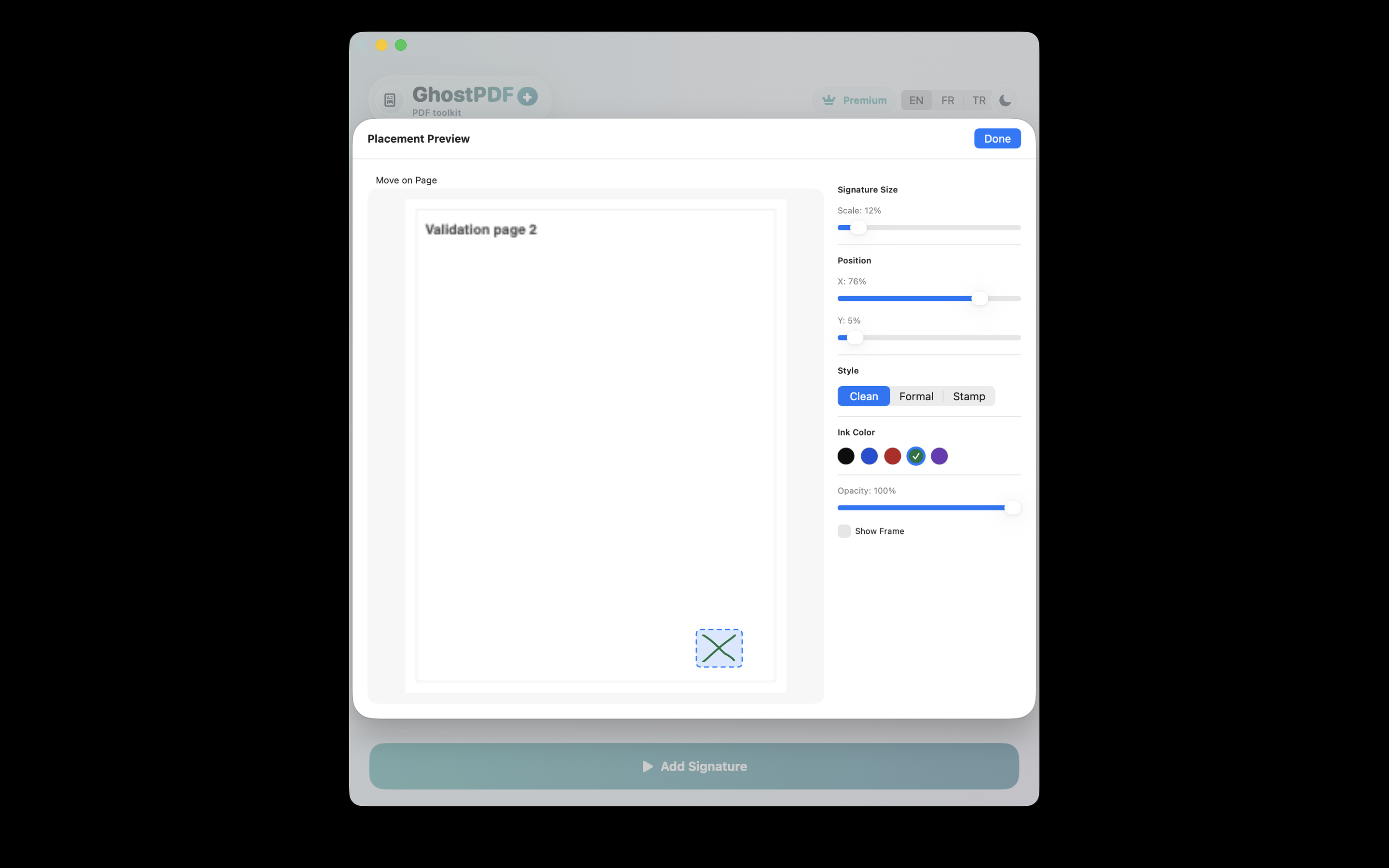 GhostPDF signature settings with custom placement