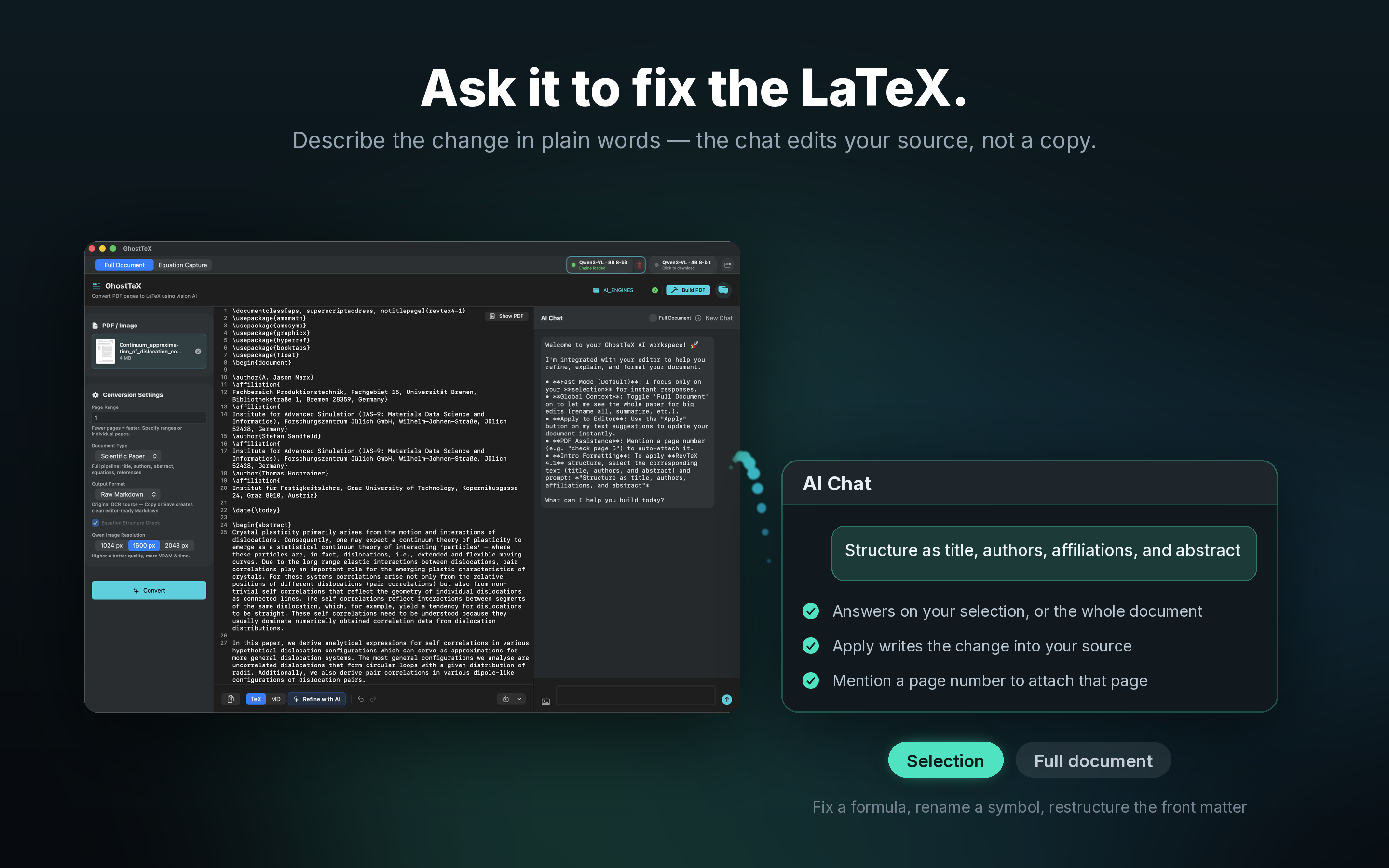 GhostTeX on-device AI chat editing the LaTeX source