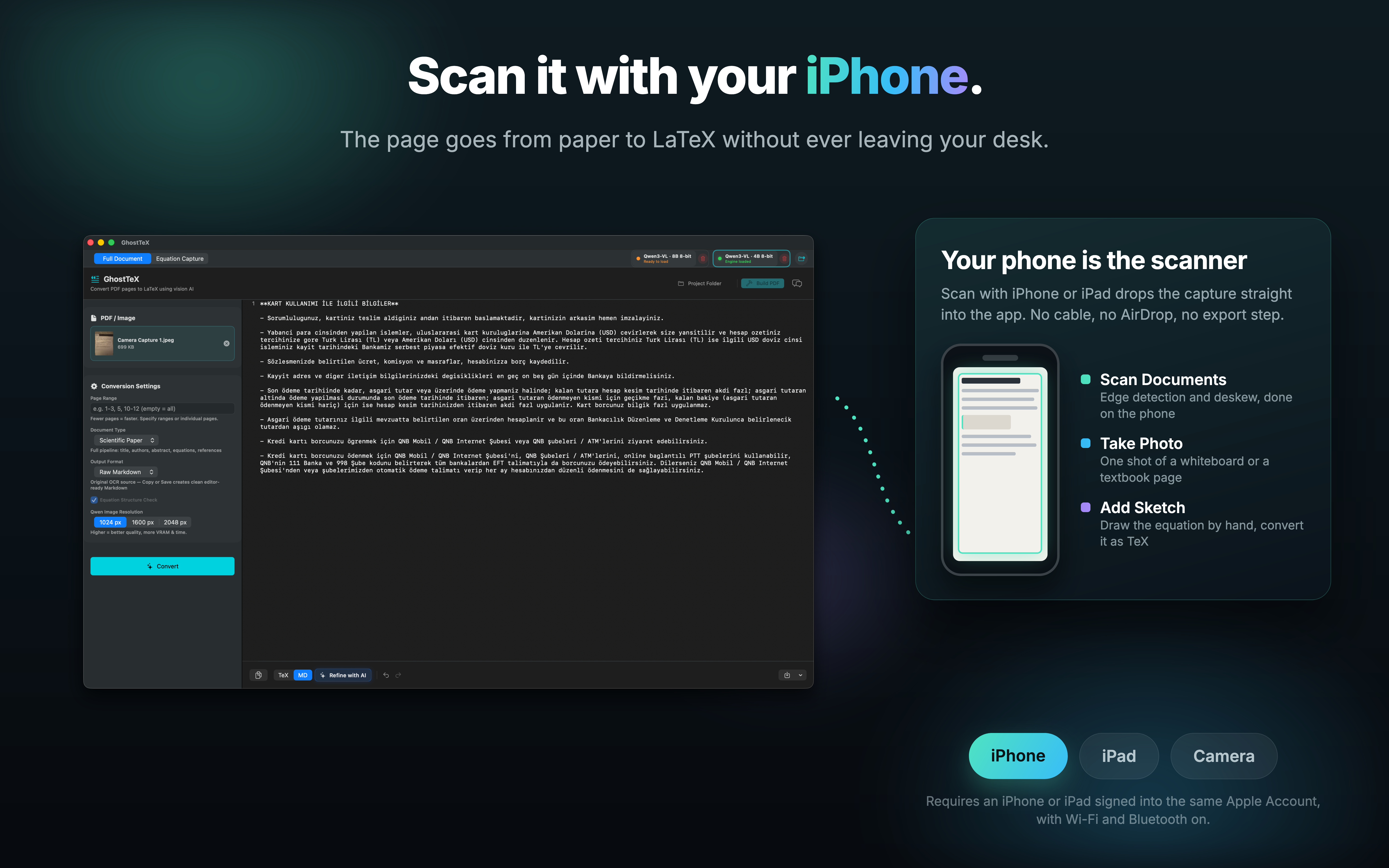 GhostTeX capturing a page with Continuity Camera from iPhone or iPad