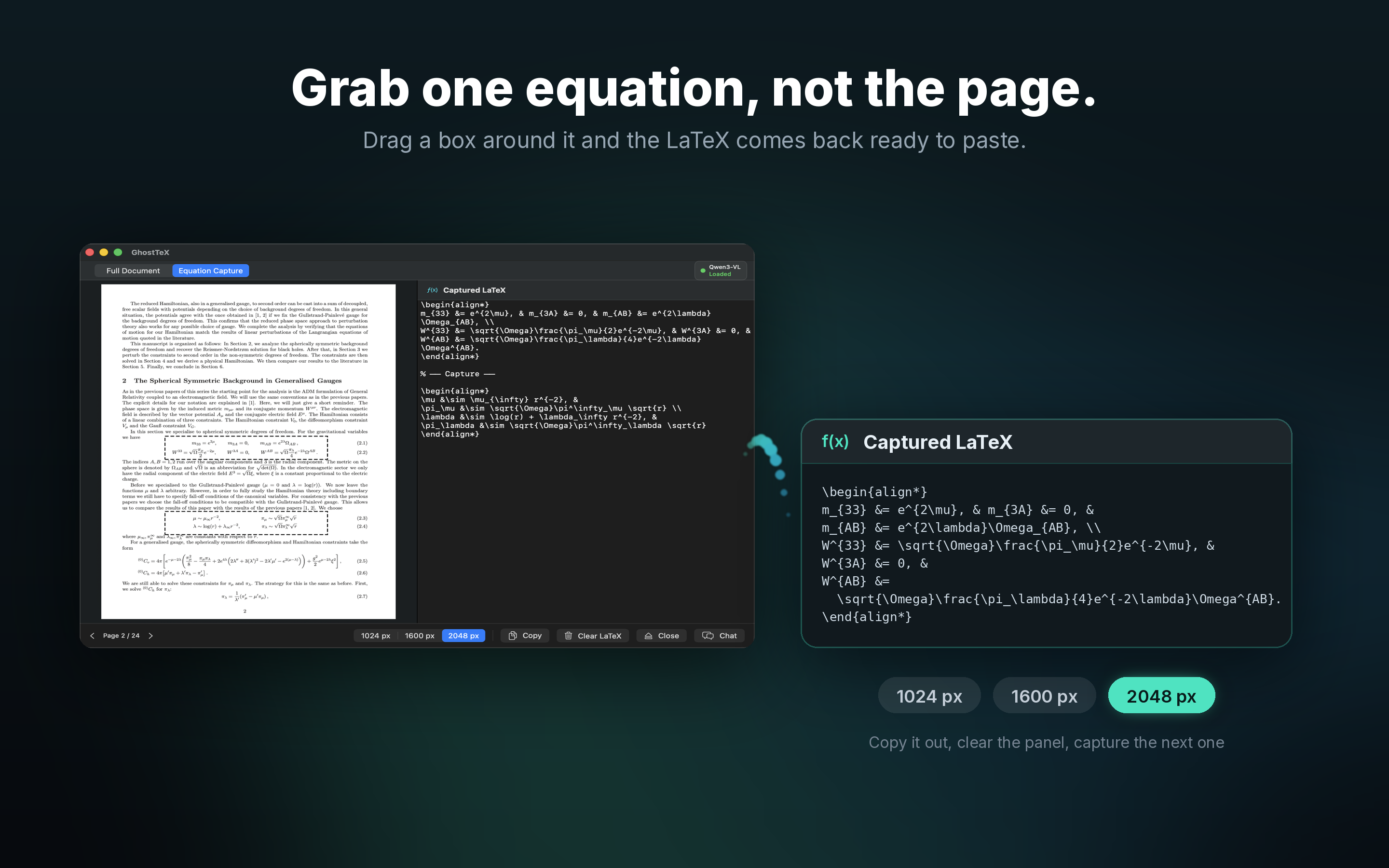 GhostTeX Equation Capture mode turning a cropped equation into LaTeX