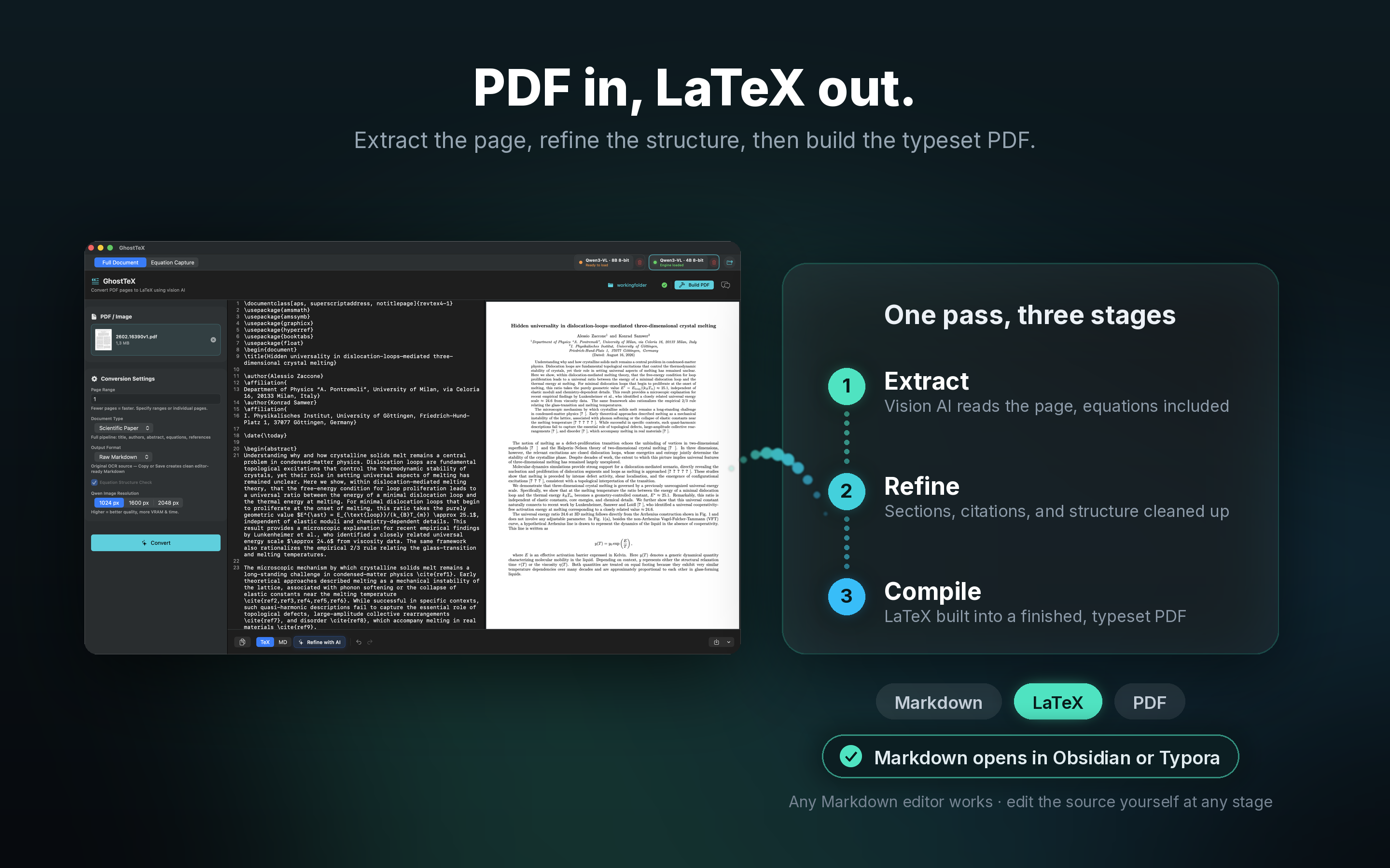 GhostTeX converting a PDF to LaTeX in three stages: extract, refine, compile