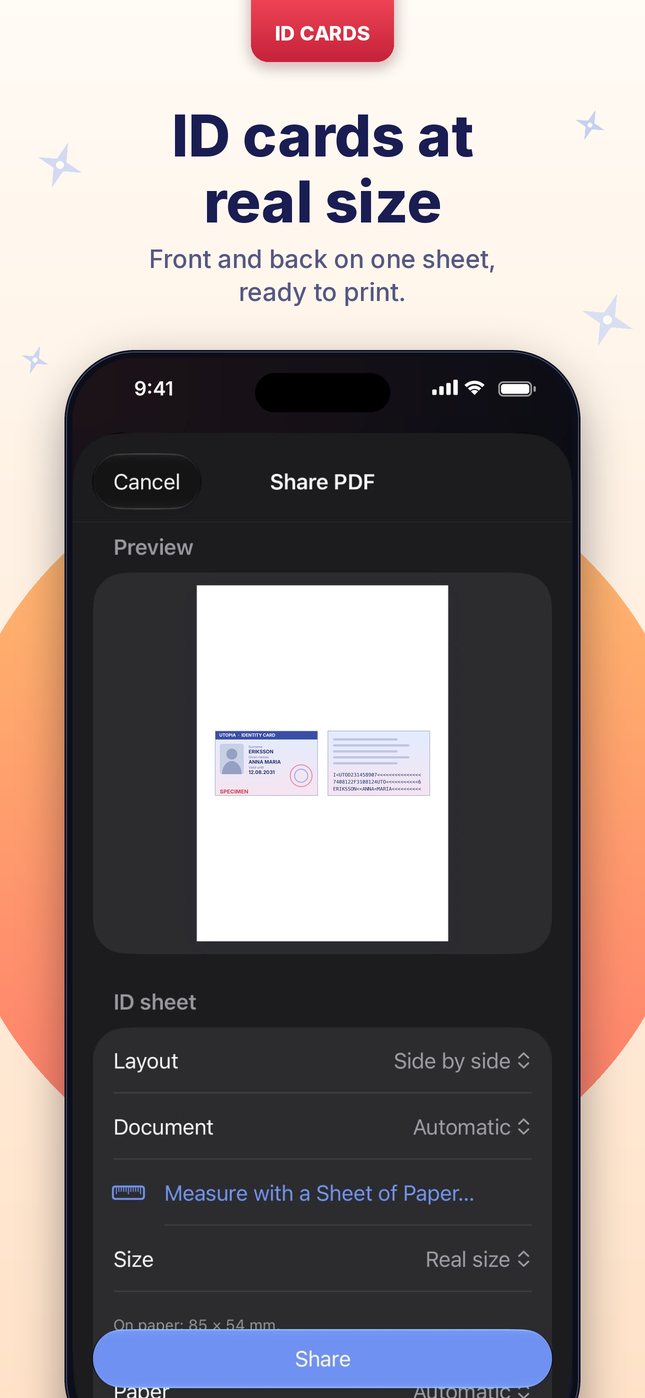 ID cards at real size: front and back on one sheet
