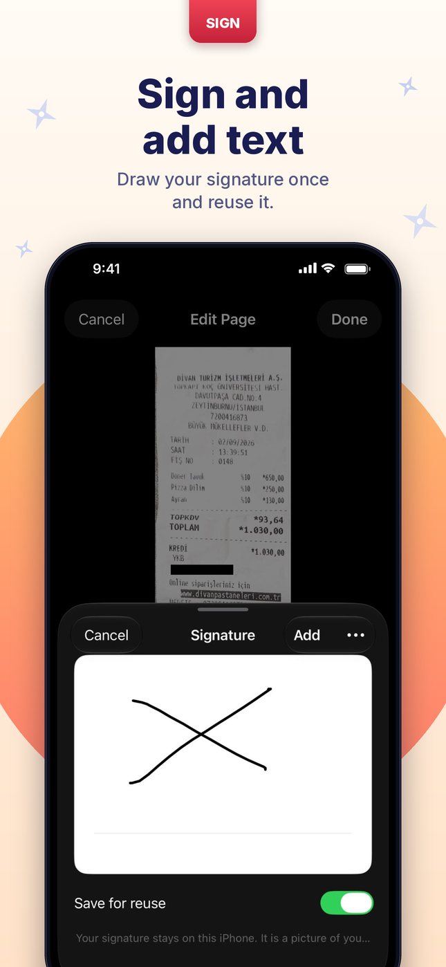 Sign and add text: draw your signature once and reuse it